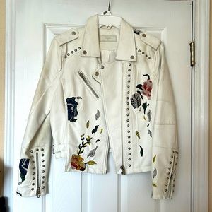 BLANKNYC Floral Embroidery Faux Leather Moto Jacket